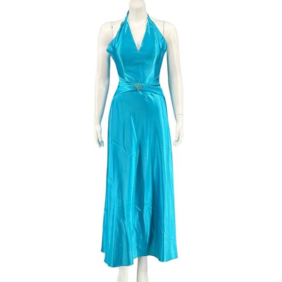 Vintage Jessica McClintock Gunne Sax Dress 5 6 Blue Halter Satin Maxi Y2K Formal - Picture 1 of 10